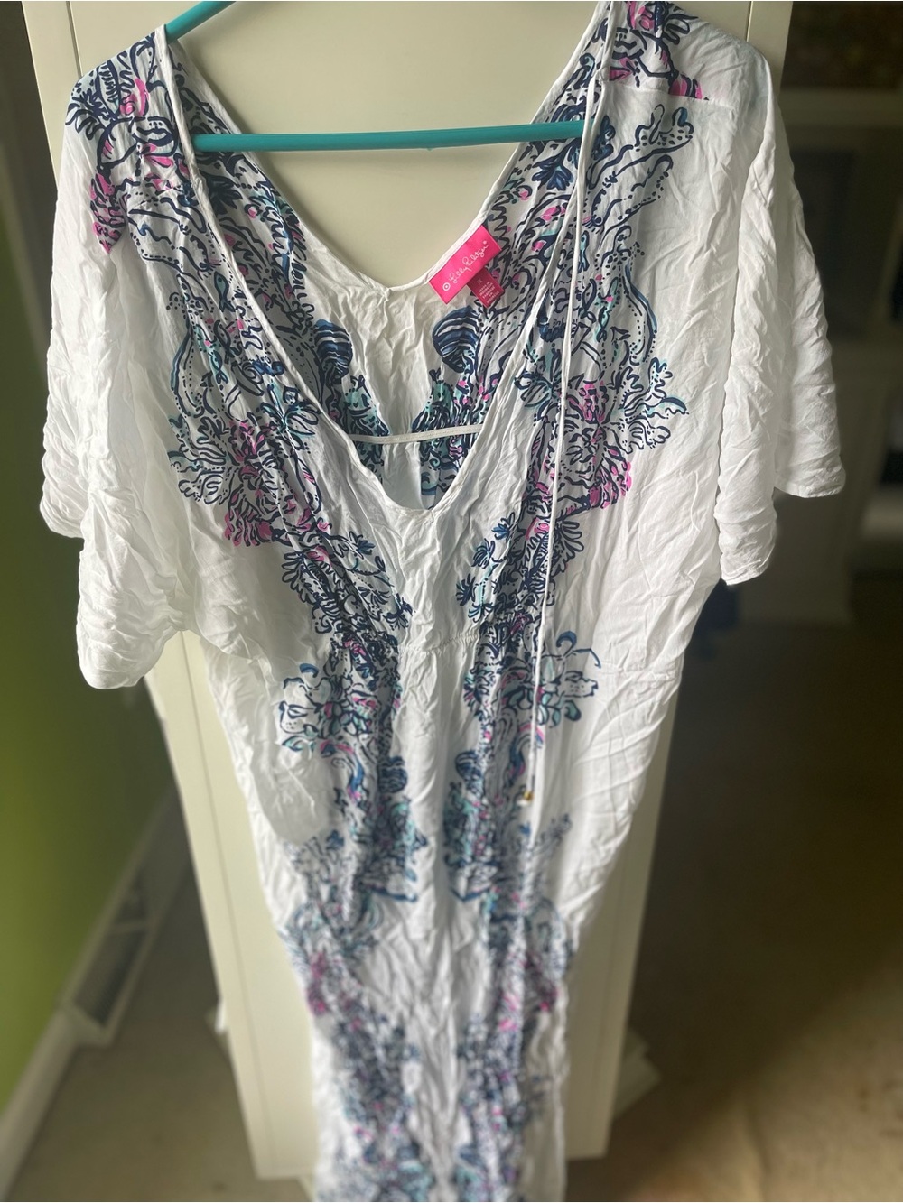 Lilly Pulitzer White Swim Cover-Up with Blue and Pink Embroidery